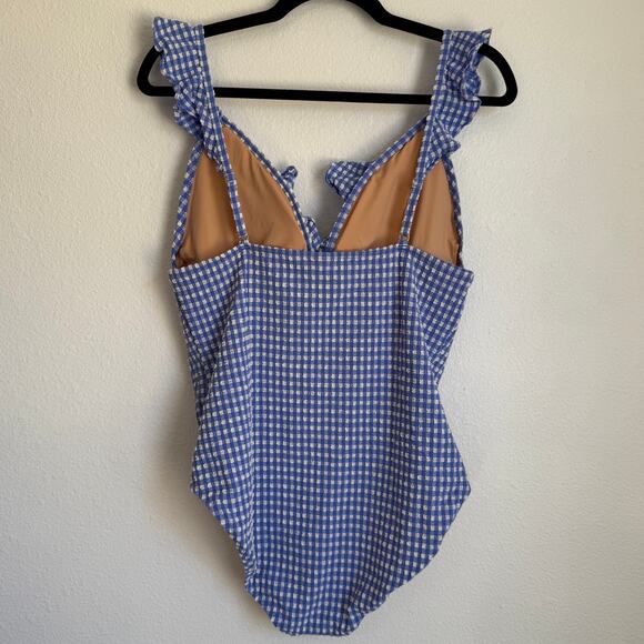 NWT J. Crew Sz L Seersucker Ruffle V-neck One-piece Swimsuit BY483 Blue Gingham - Picture 4 of 12